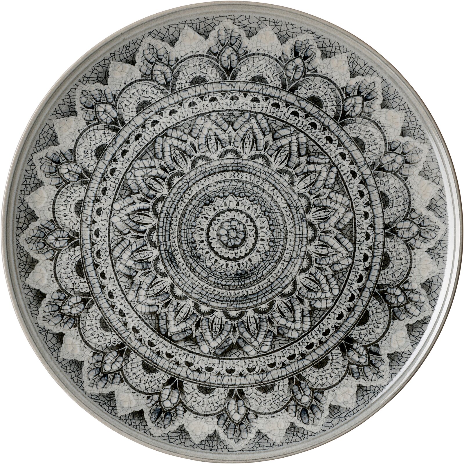 Runder Platzteller mit detailliertem, mandalaartigem Muster in Schwarz-Weiß, von oben betrachtet.