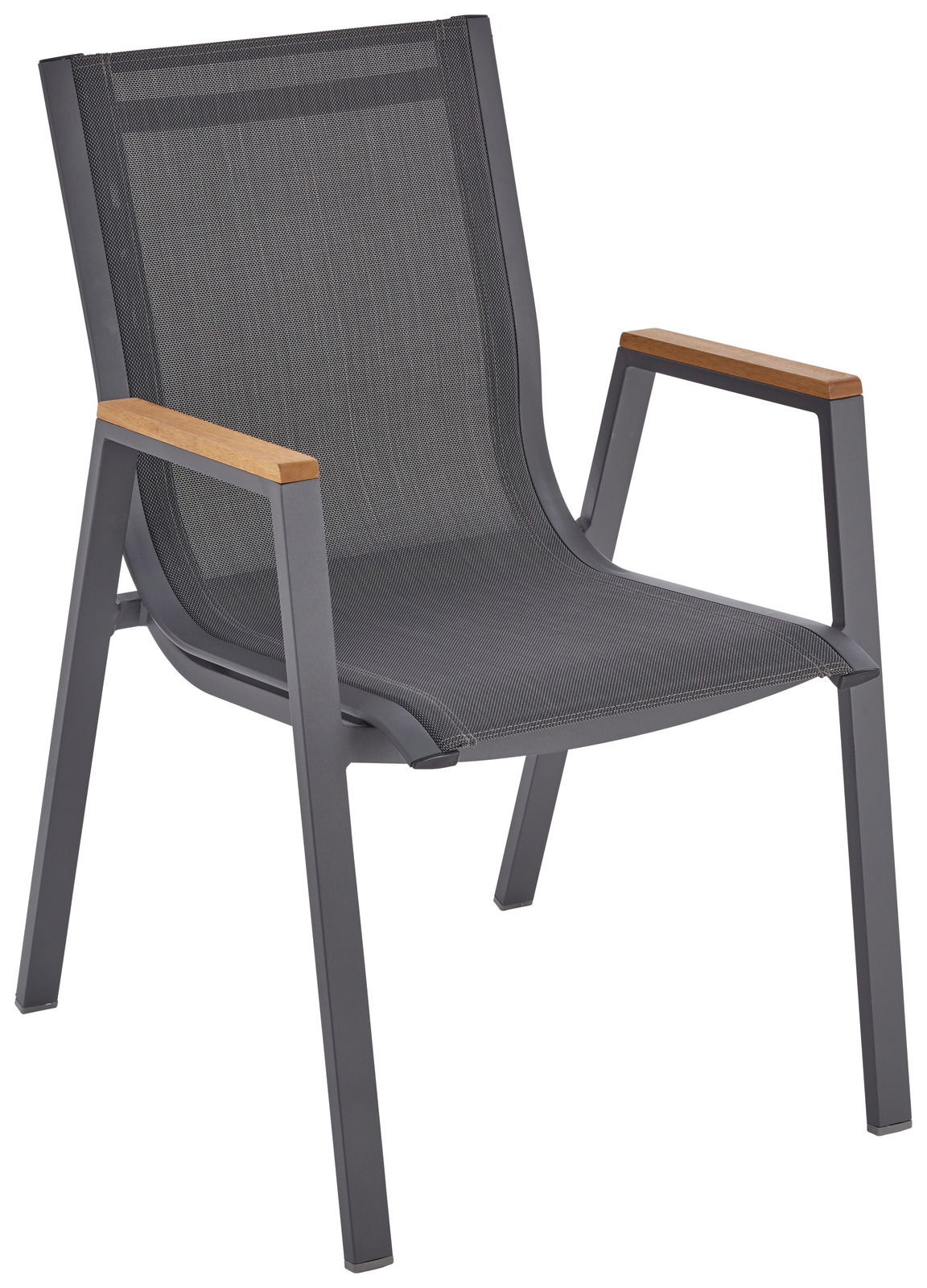 Moderner Stapelsessel mit grauem Metallrahmen und Holzarmlehnen, seitliche Perspektive