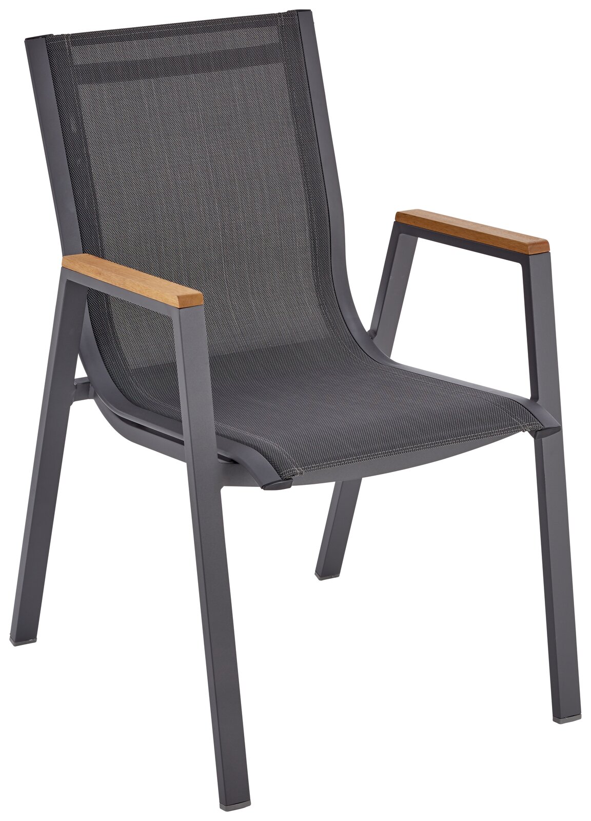 Ambia Garden Stapelsessel HONOLULU Moderner Stapelsessel mit grauem Metallrahmen und Holzarmlehnen, seitliche Perspektive
