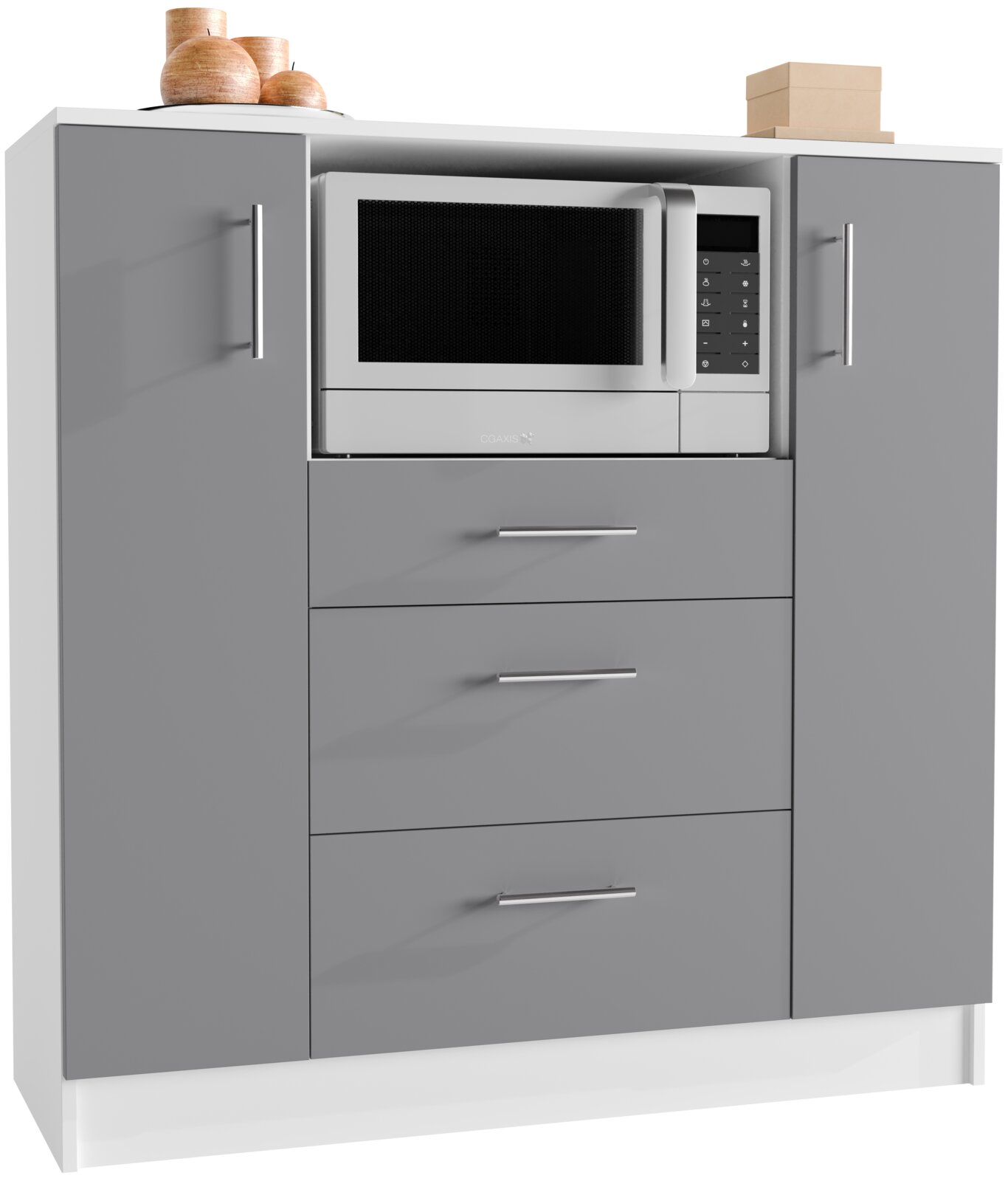 VCM Küchenkommode ESILO Grauer Küchen-Hochschrank mit offenen Mikrowellenfach, zwei Seitentüren und drei Schubladen, mit Dekoration auf der weißen Abdeckplatte; Ansicht schräg von vorn (leicht von links).
