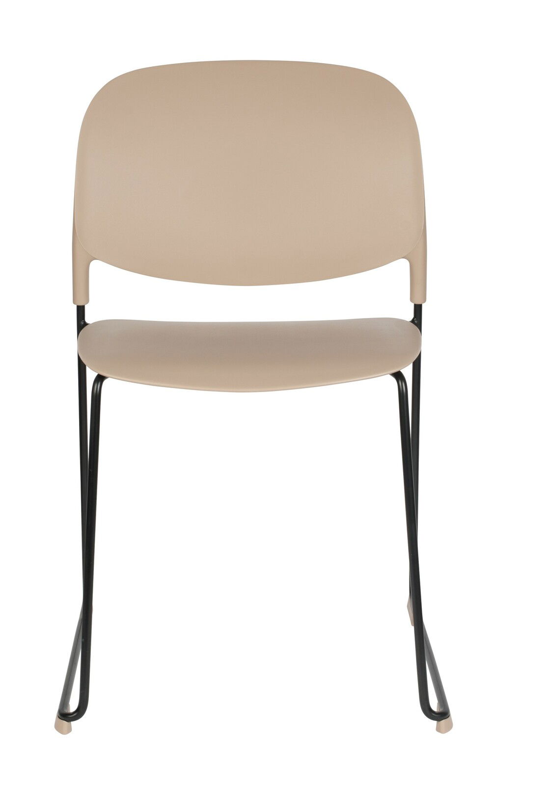 Moderner beige Stuhl mit schwarzem Metallgestell, Frontalansicht