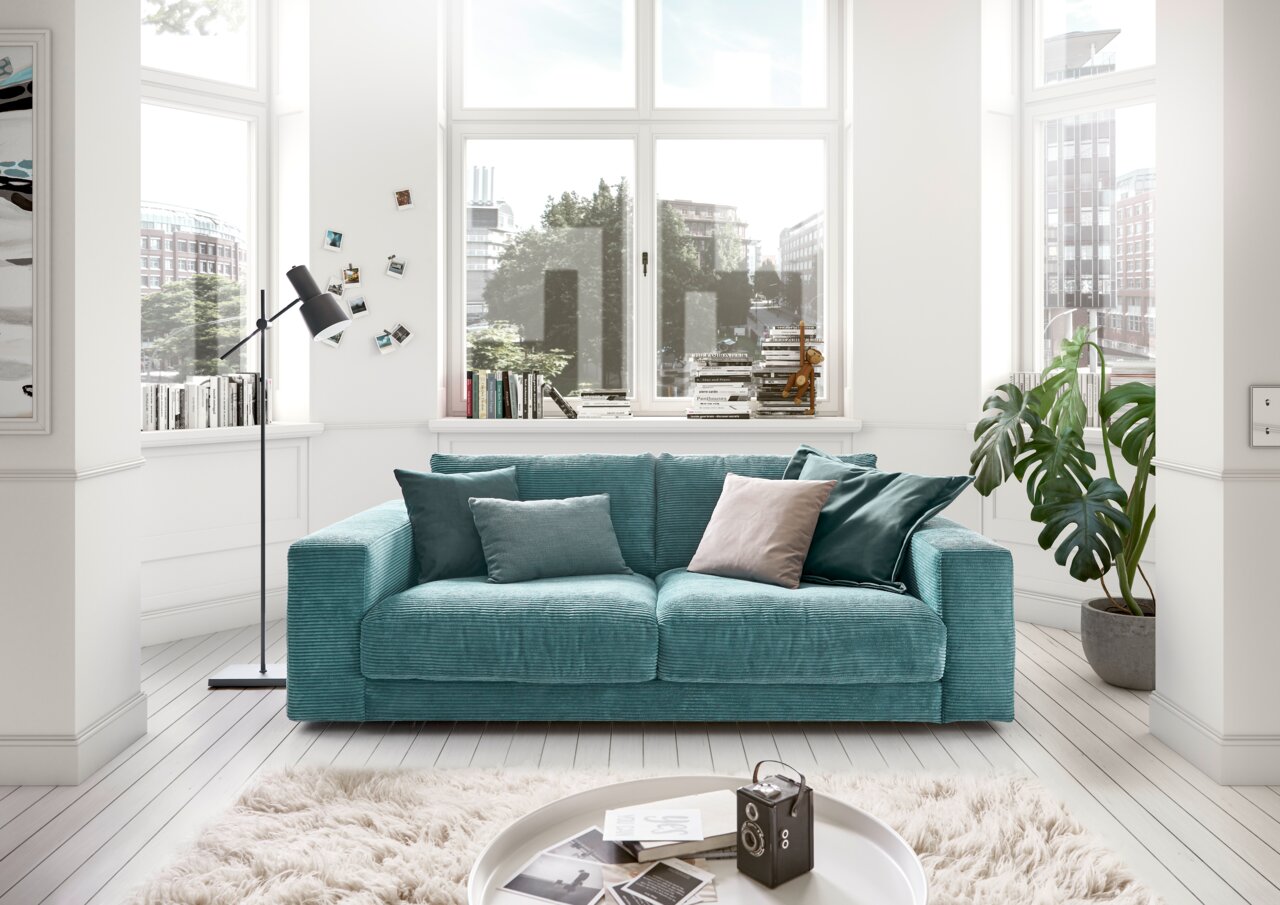 Zweiersofa in einem modernen Wohnzimmer mit großen Fenstern, grünen Pflanzen und dekorativen Kissen, Frontalansicht.