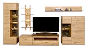 Moderne Wandkombination aus Holz mit Vitrinen, Regalen und TV-Element, frontal betrachtet.