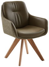 Moderner Armlehnstuhl mit olivgrünem Polster und Holzbeinen, seitliche Perspektive