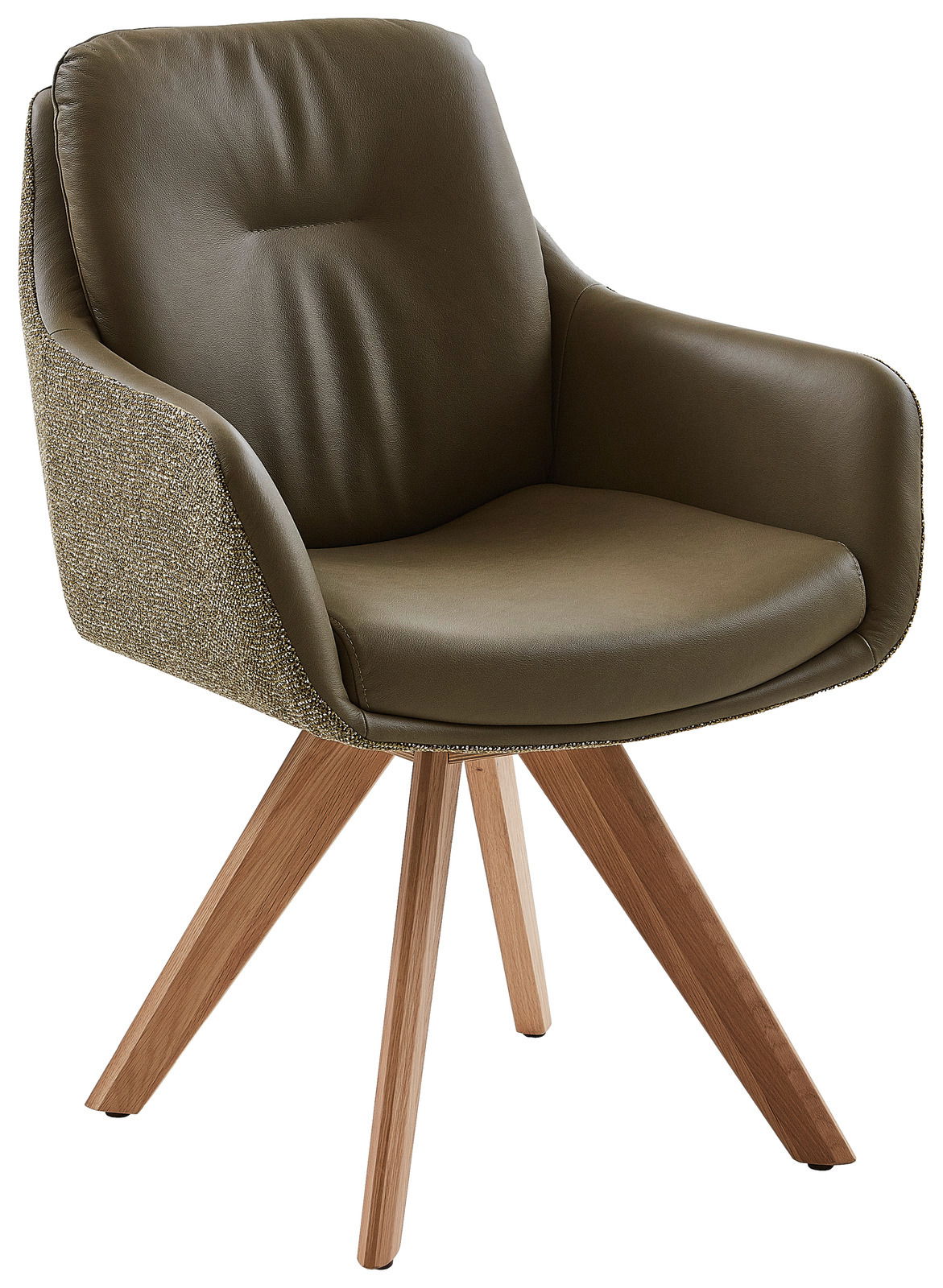 Waldwelt Armlehnstuhl ARUBA Moderner Armlehnstuhl mit olivgrünem Polster und Holzbeinen, seitliche Perspektive