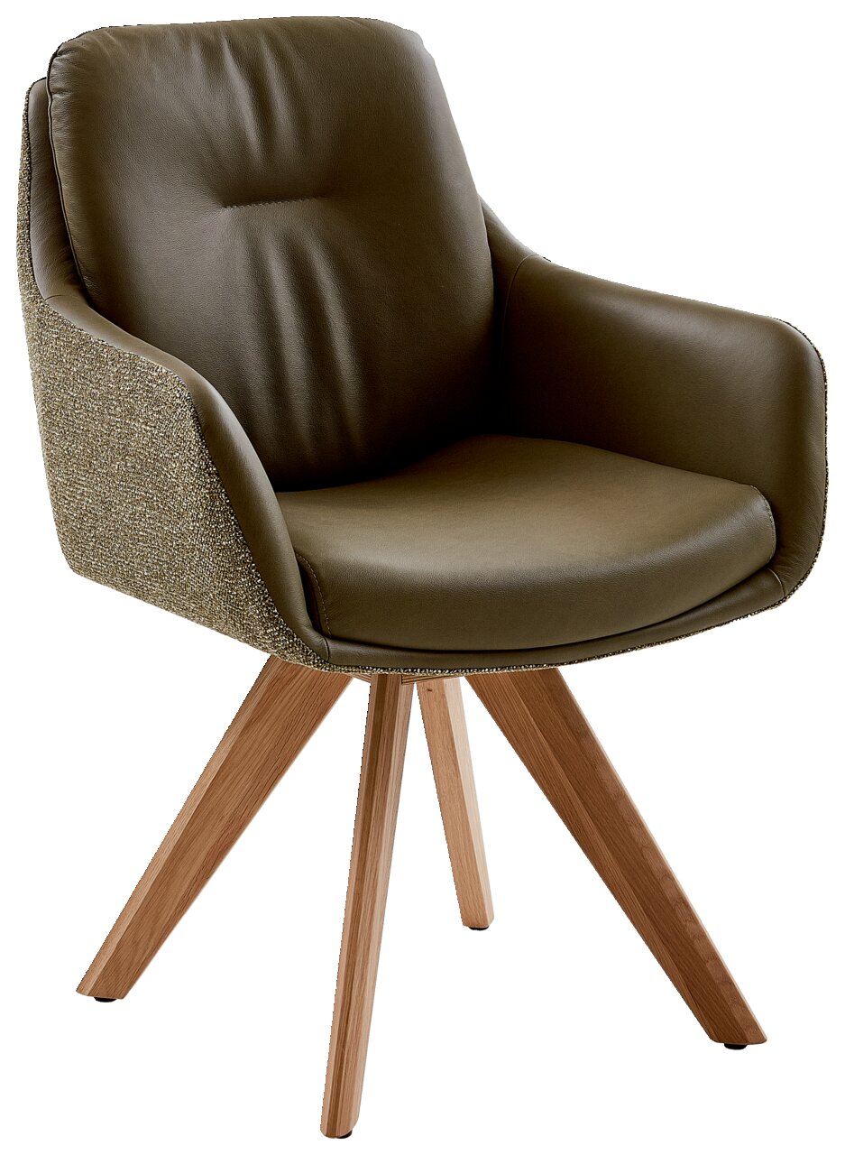 Moderner Armlehnstuhl mit olivgrünem Polster und Holzbeinen, seitliche Perspektive