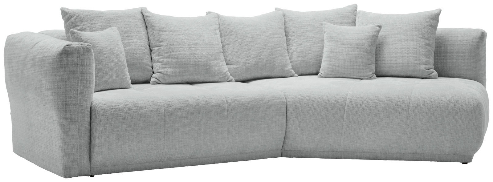 Graues, modernes Sofa in L-Form mit mehreren Kissen, seitliche Perspektive