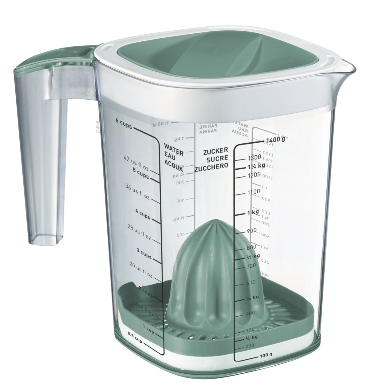 rotho Back-Messbecher LOFT Messbecher mit integriertem Entsafter, seitliche Ansicht, 1,5 Liter Fassungsvermögen, grün und transparent, mit Skalen für Flüssigkeiten und Zucker.