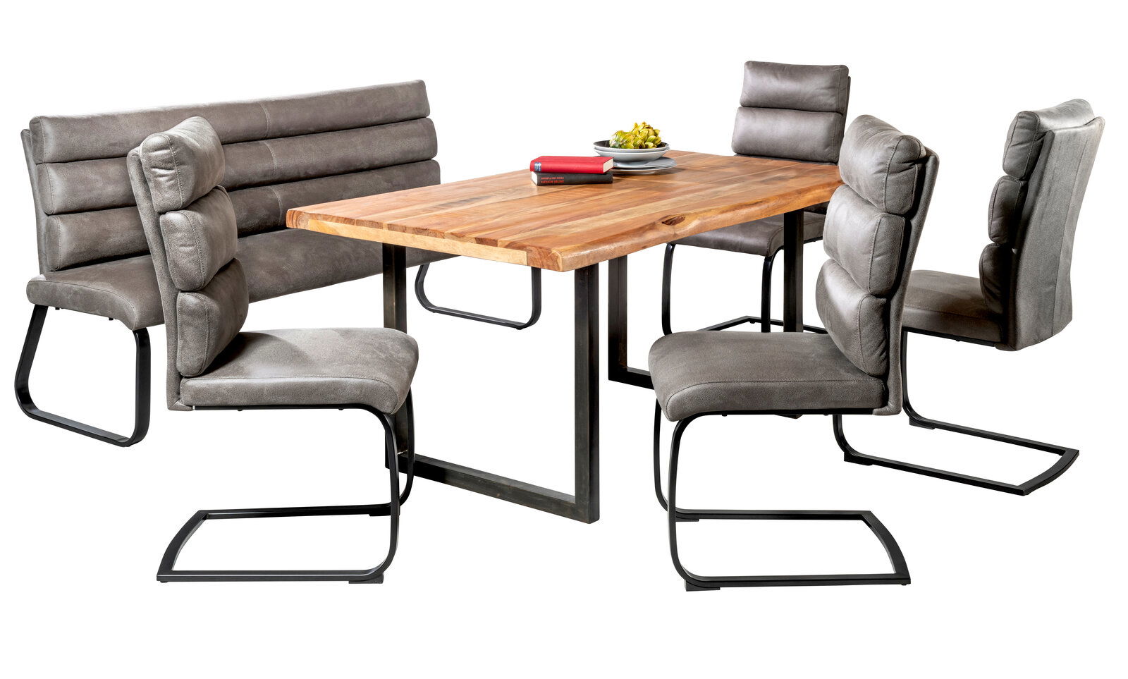 Essgruppe mit Freischwinger-Stühlen und Bank in grauem Polster, Holztisch in der Mitte, seitliche Perspektive