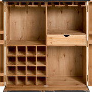 Geöffneter Barschrank aus Holz mit mehreren Fächern und einem Schubfach, frontal betrachtet.