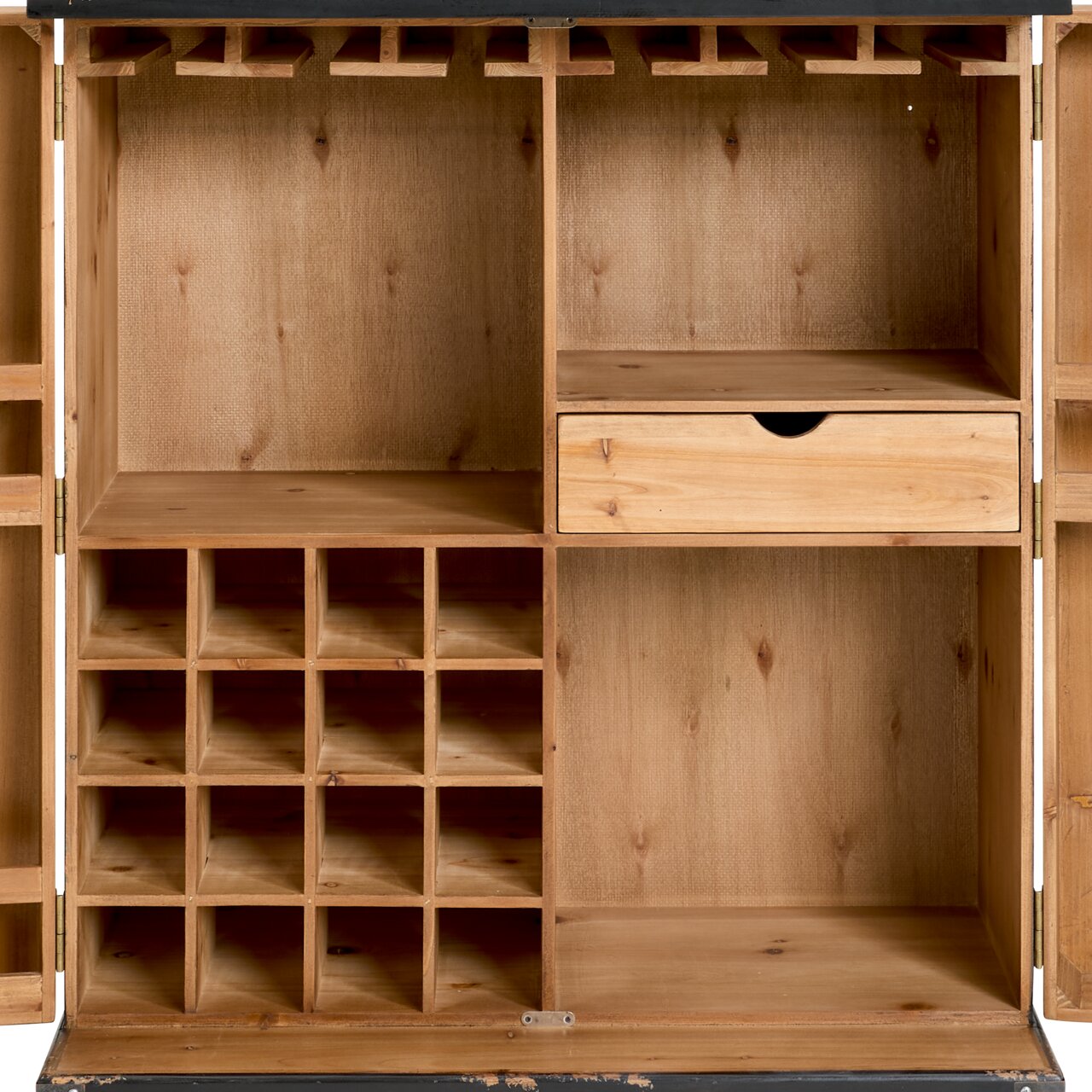 Geöffneter Barschrank aus Holz mit mehreren Fächern und einem Schubfach, frontal betrachtet.