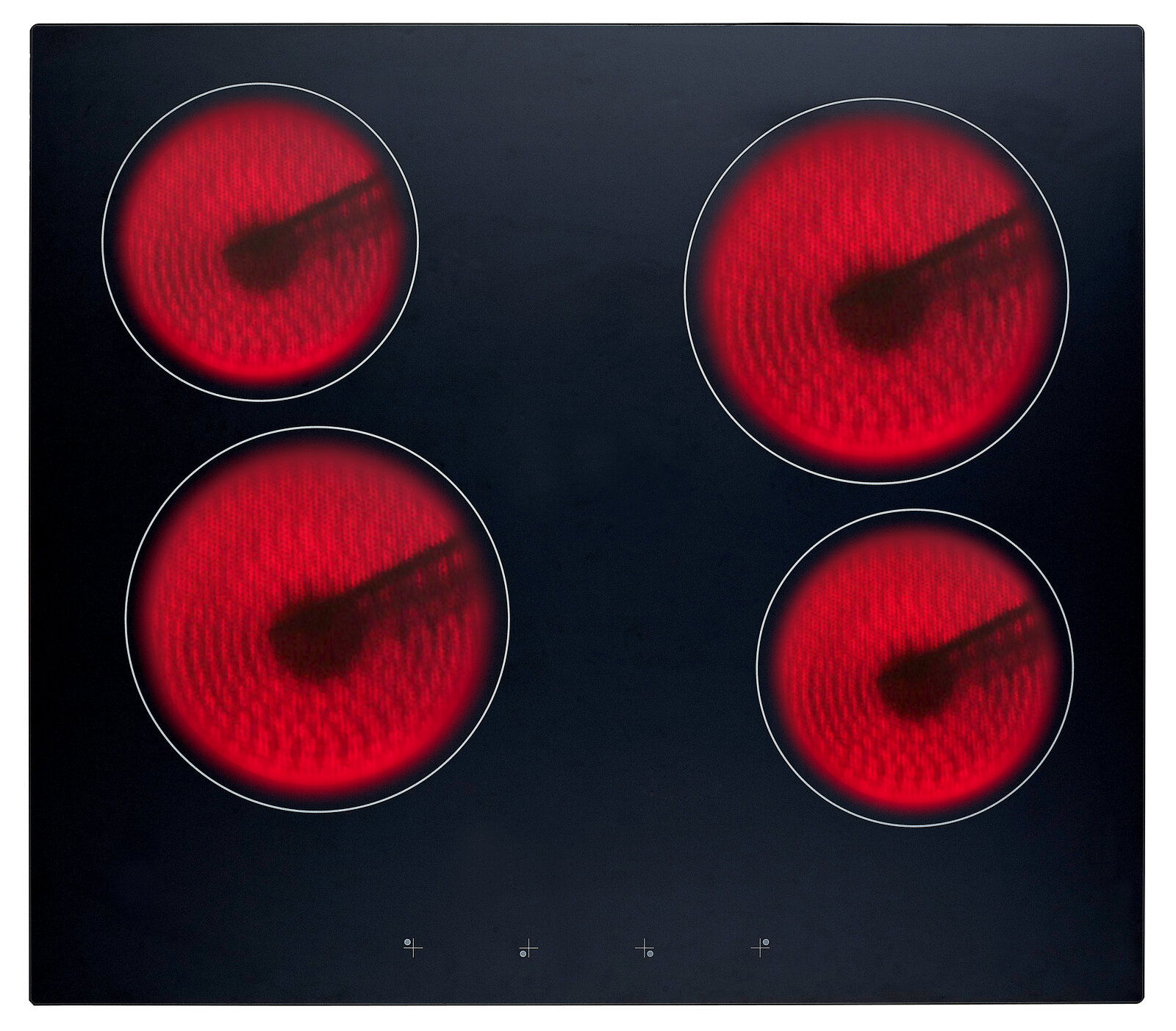 Kochfeld mit vier leuchtend roten Kochzonen, Draufsicht