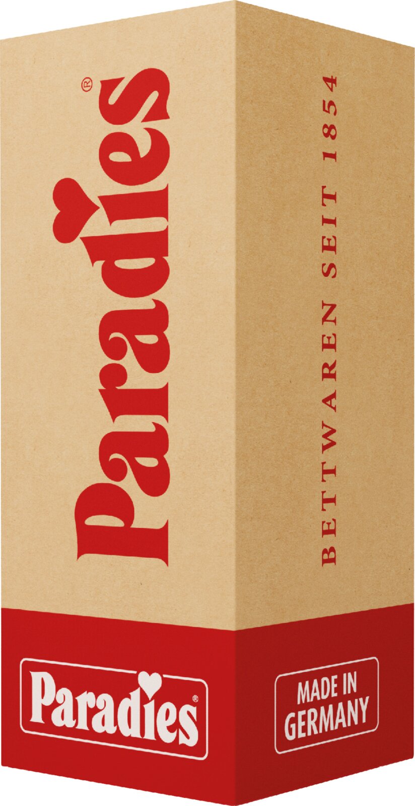 Paradise Zigarettenverpackung in Beige und Rot mit Aufdruck „Paradise“, „Bettwaren seit 1854“ und „Made in Germany“, fotografiert in schräger Vorderansicht (3/4-Perspektive)