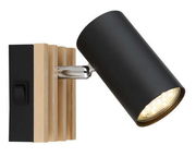 Moderner Strahler mit schwarzem zylindrischem Lampenkopf und Holzdetails, seitliche Perspektive