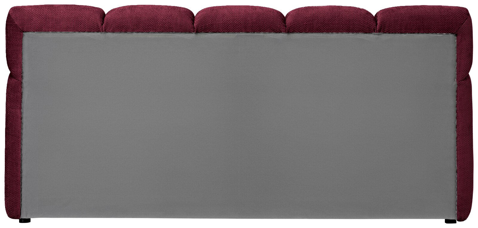 Achterkant van een gestoffeerd bed met grijze bekleding en wijnrode rand