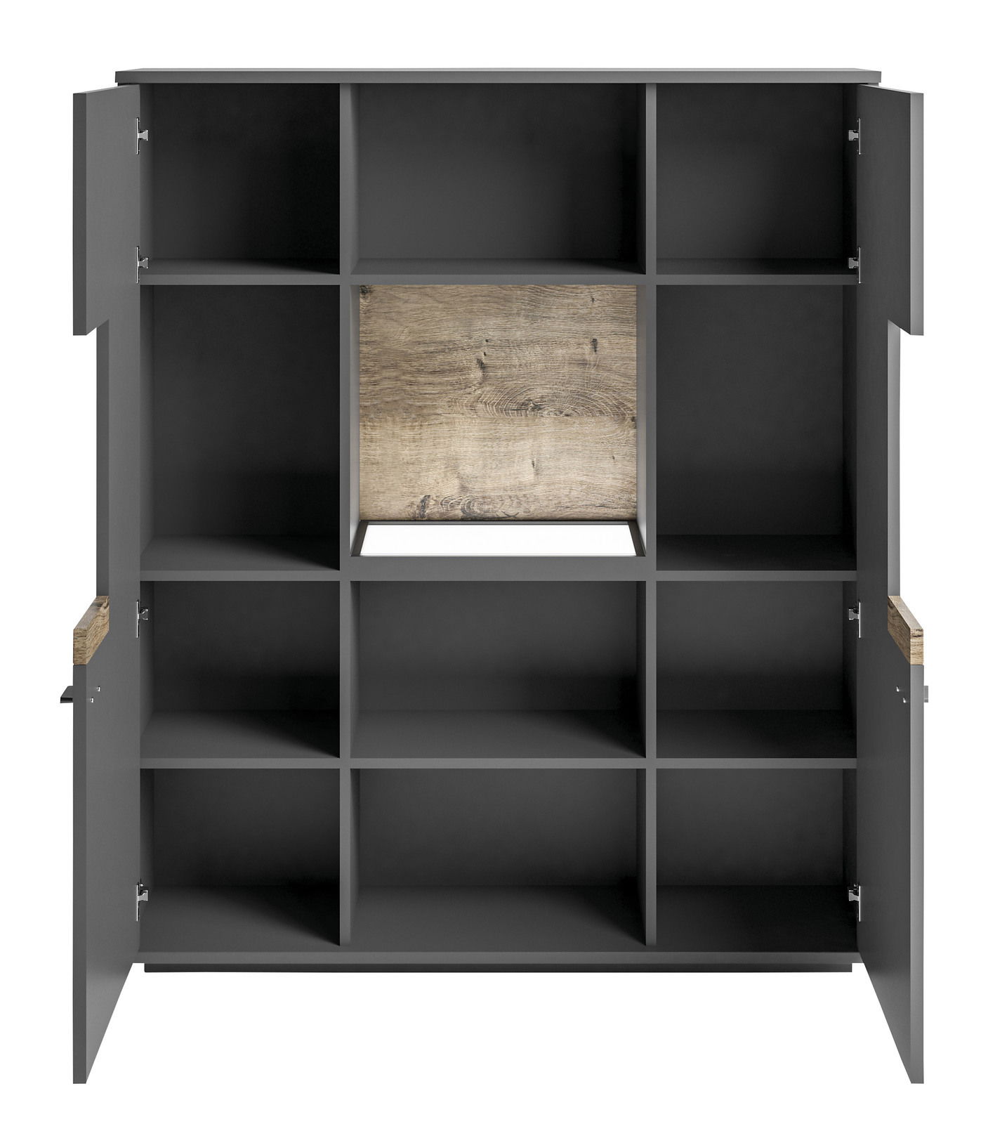 Frontale Ansicht eines modernen Highboards mit offenen und geschlossenen Fächern in dunklem Holzdesign.
