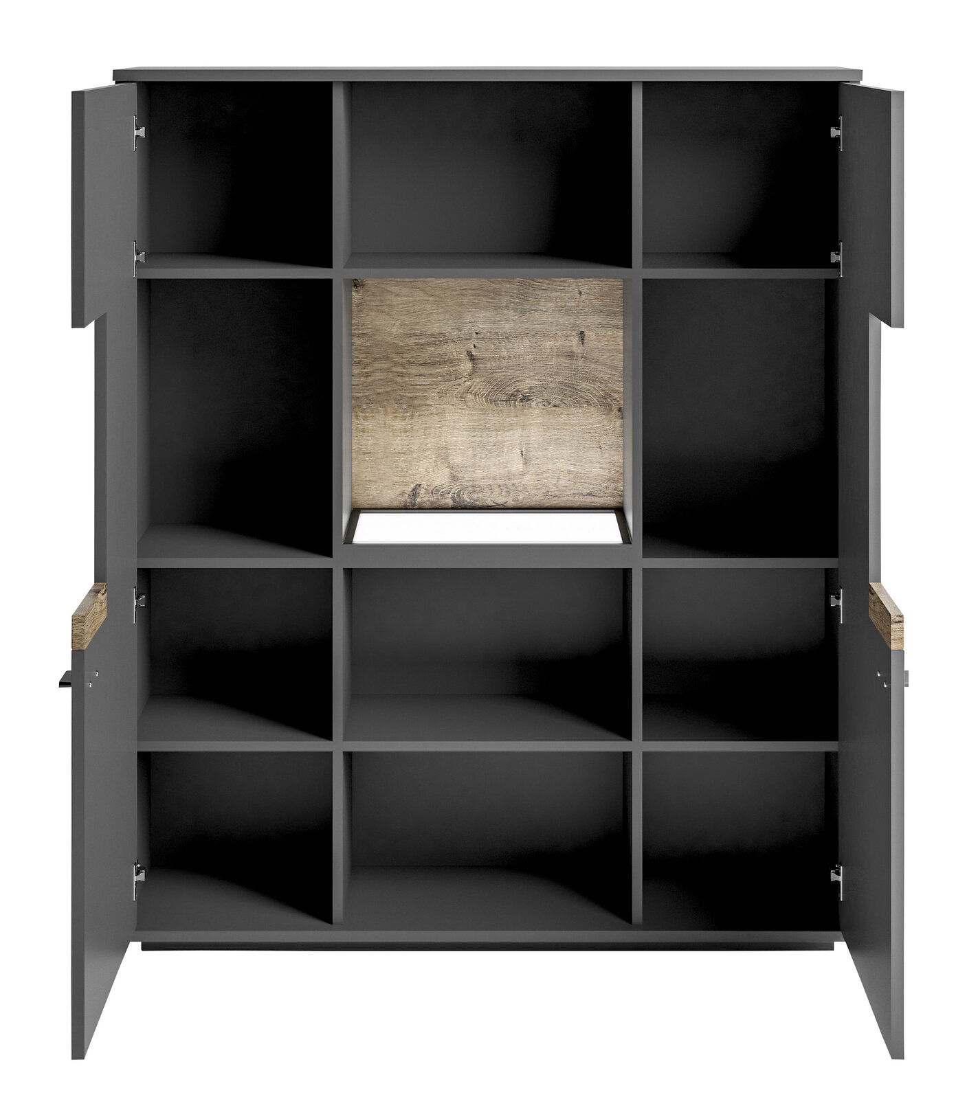 Frontale Ansicht eines modernen Highboards mit offenen und geschlossenen Fächern in dunklem Holzdesign.