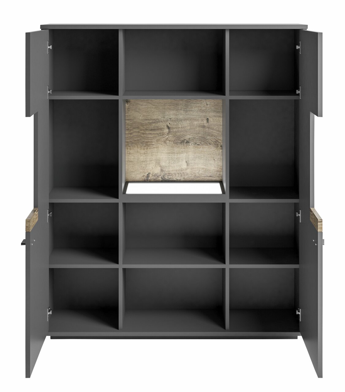 Frontale Ansicht eines modernen Highboards mit offenen und geschlossenen Fächern in dunklem Holzdesign.
