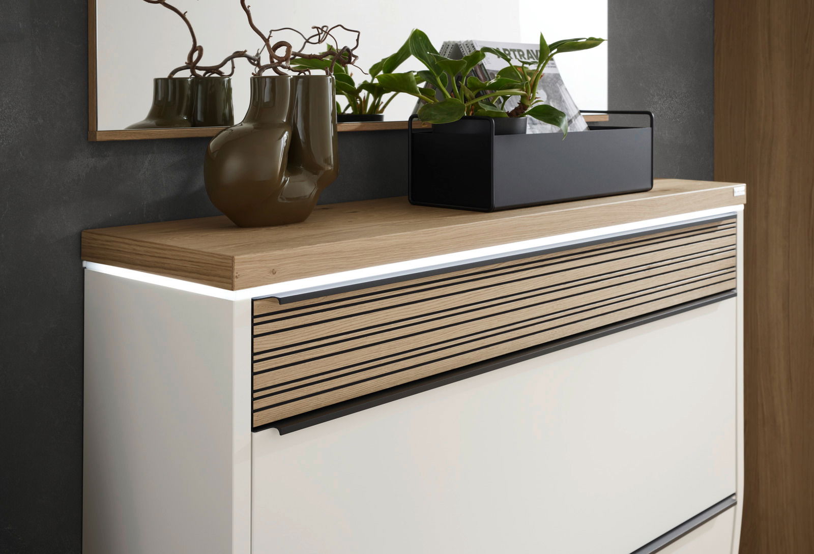 Moderner XL-Hängeschuhschrank mit LED-Beleuchtung, Holzoberfläche und dekorativen Pflanzen, seitliche Perspektive