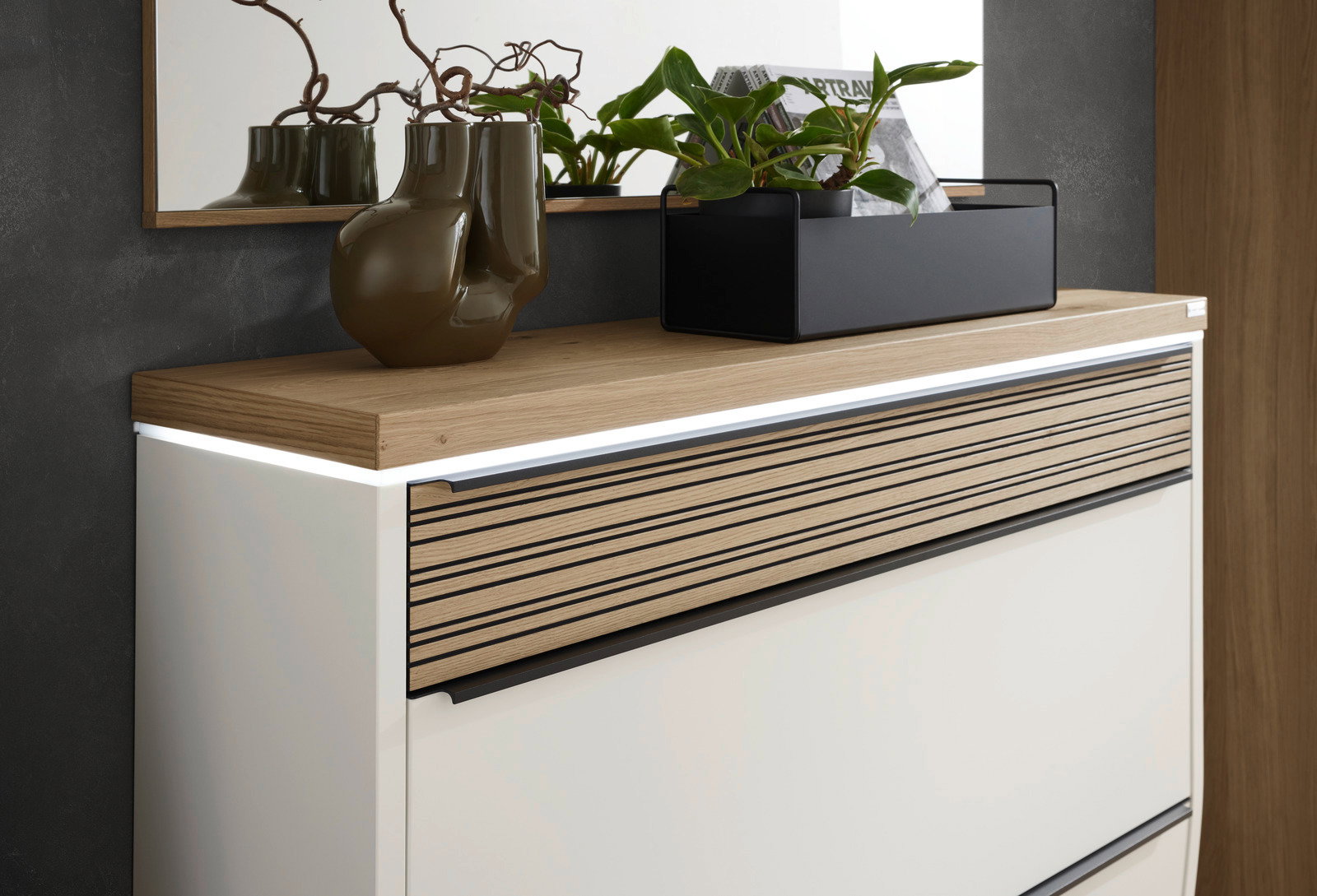 Moderner XL-Hängeschuhschrank mit LED-Beleuchtung, Holzoberfläche und dekorativen Pflanzen, seitliche Perspektive