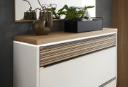Moderner XL-Hängeschuhschrank mit LED-Beleuchtung, Holzoberfläche und dekorativen Pflanzen, seitliche Perspektive