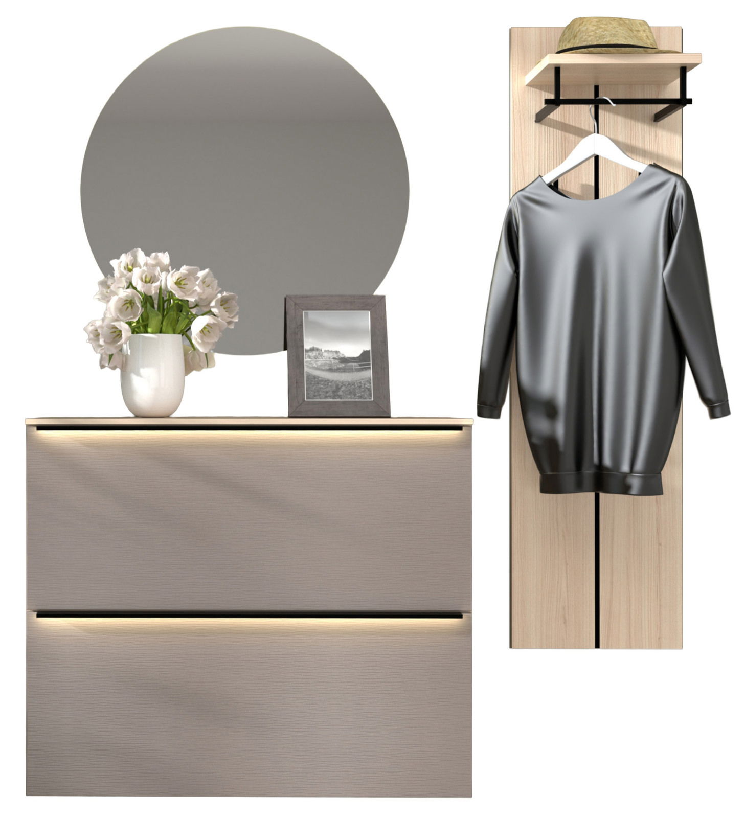 Voleo Garderoben-Kombination 3-tlg. STARLIGHT Moderne Garderoben-Kombination mit rundem Spiegel, beleuchtetem Schrank und Kleiderhaken, frontal betrachtet.