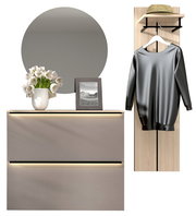 Moderne Garderoben-Kombination mit rundem Spiegel, beleuchtetem Schrank und Kleiderhaken, frontal betrachtet.