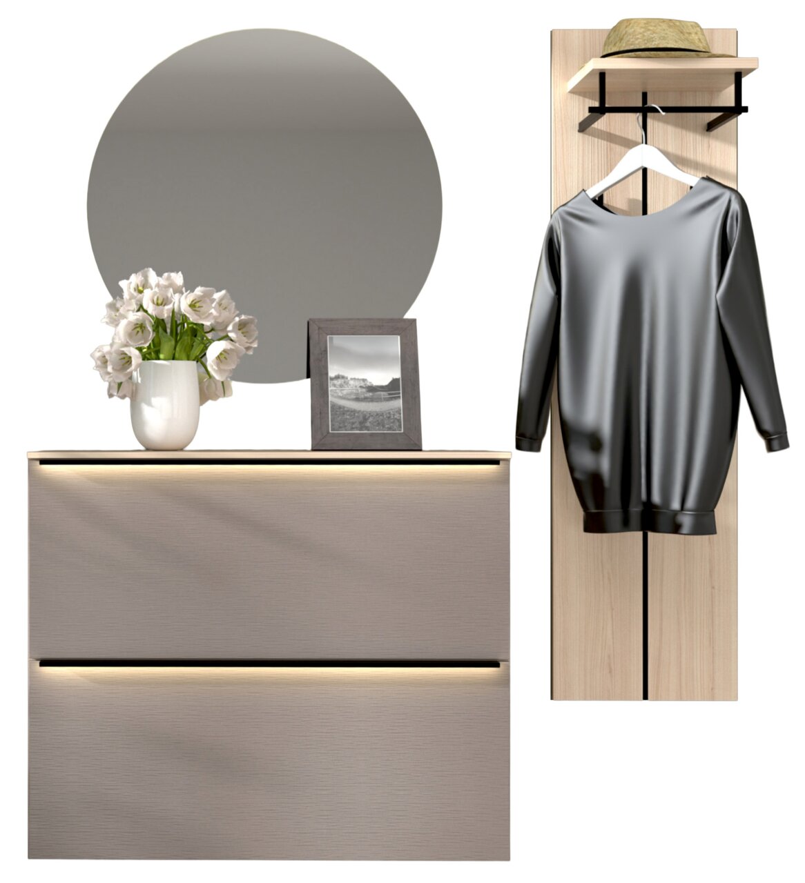 Moderne Garderoben-Kombination mit rundem Spiegel, beleuchtetem Schrank und Kleiderhaken, frontal betrachtet.