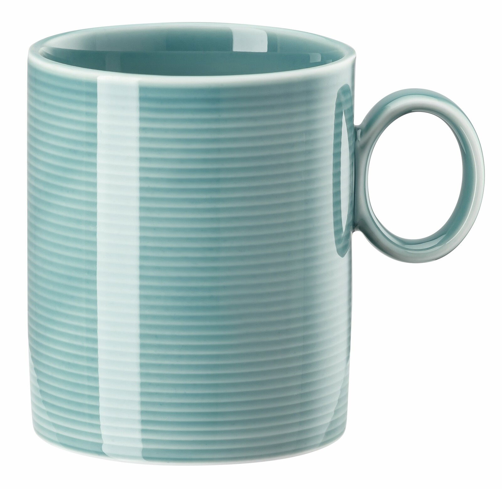 Großer türkisfarbener Becher mit Henkel, seitliche Perspektive