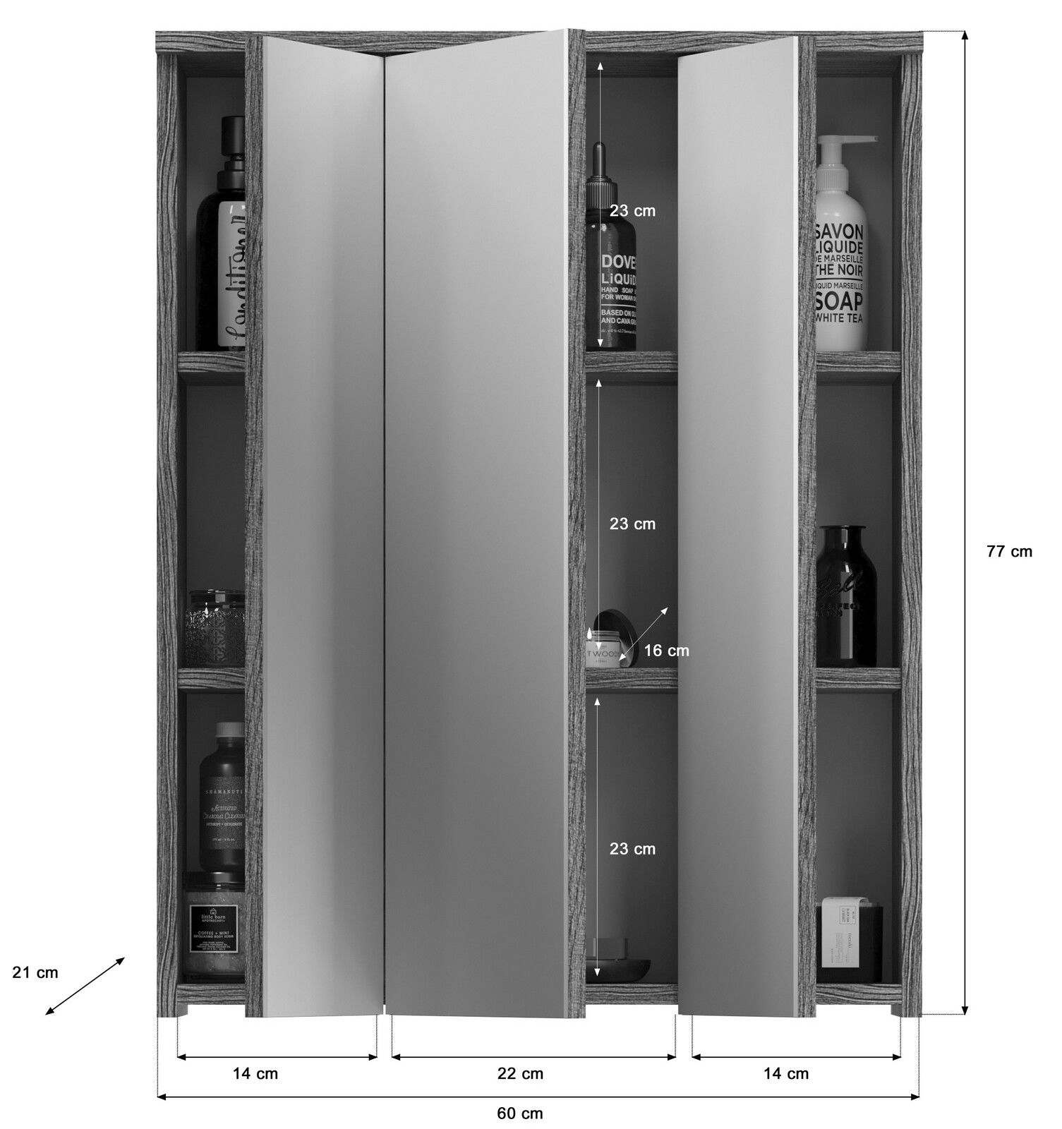 Spiegelschrank mit zwei Türen und seitlichen Regalen, frontal abgebildet. Maße: 77 cm hoch, 60 cm breit, 21 cm tief.