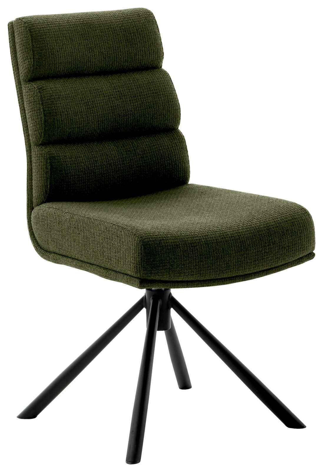 Moderner grüner Stuhl mit gepolsterter Rückenlehne und schwarzem Metallgestell, seitliche Perspektive