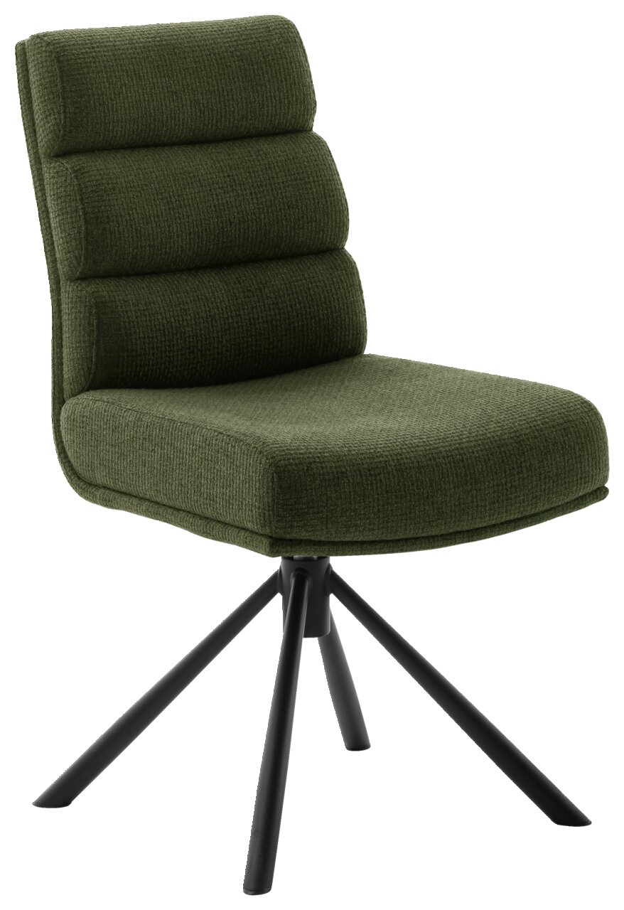 Moderne groene stoel met gestoffeerde rugleuning en zwart metalen frame, zijaanzicht