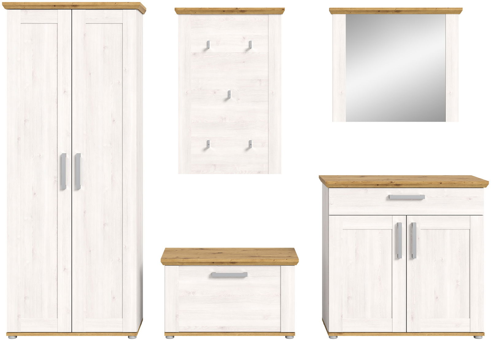 Garderobenkombination in heller Holzoptik mit mehreren Elementen: ein hoher Schrank, ein Wandpaneel mit Haken, ein Spiegel, eine Kommode und eine Sitzbank. Frontalansicht.