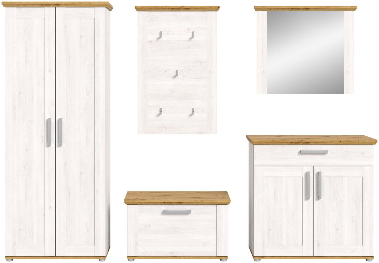 Garderobenkombination in heller Holzoptik mit mehreren Elementen: ein hoher Schrank, ein Wandpaneel mit Haken, ein Spiegel, eine Kommode und eine Sitzbank. Frontalansicht.