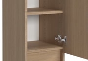 Nahaufnahme eines geöffneten Midischranks mit zwei Regalböden und einer Tür mit Scharnier, aus Holzoptik, seitliche Perspektive.