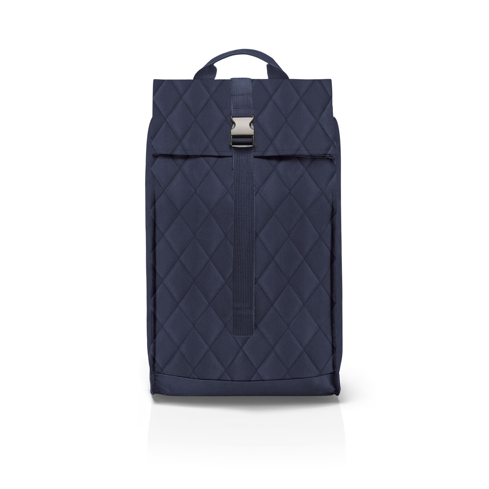 Vorderansicht eines dunkelblauen, rautenförmig gesteppten Citycruiser-Rucksacks mit Schnallenverschluss.