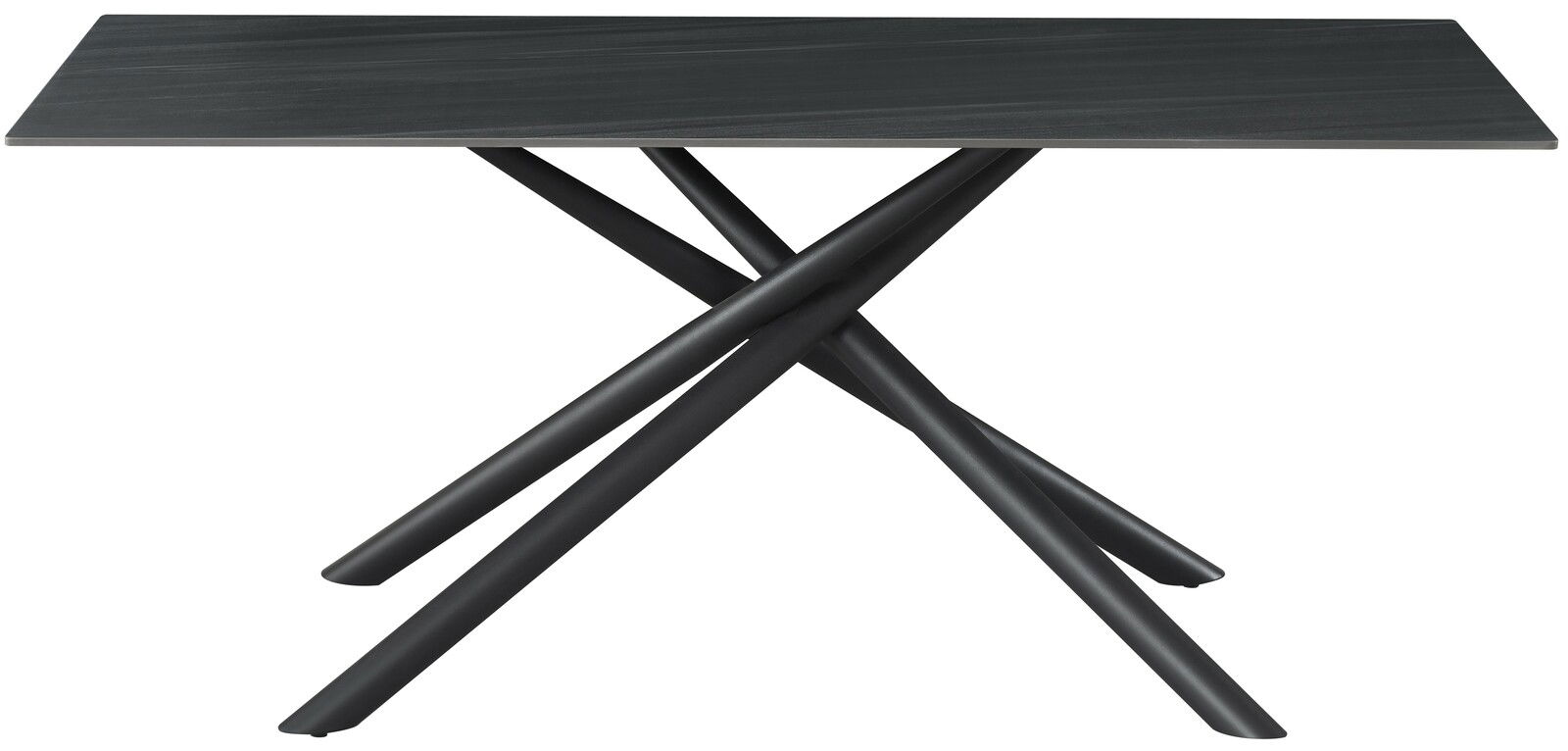 Moderner Esstisch mit schwarzer Tischplatte und gekreuzten Metallbeinen, seitliche Perspektive