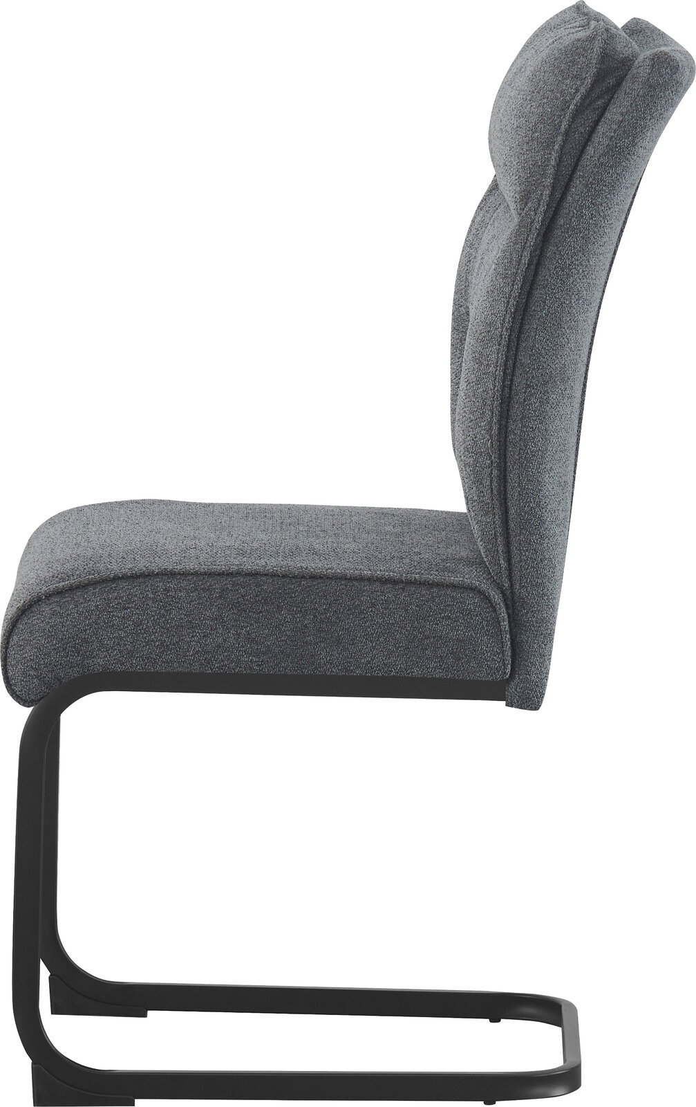 Gepolsterter Freischwinger-Stuhl mit grauem Stoffbezug und schwarzem Metallgestell, Seitenansicht von links auf weißem Hintergrund
