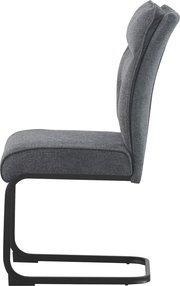 Gepolsterter Freischwinger-Stuhl mit grauem Stoffbezug und schwarzem Metallgestell, Seitenansicht von links auf weißem Hintergrund