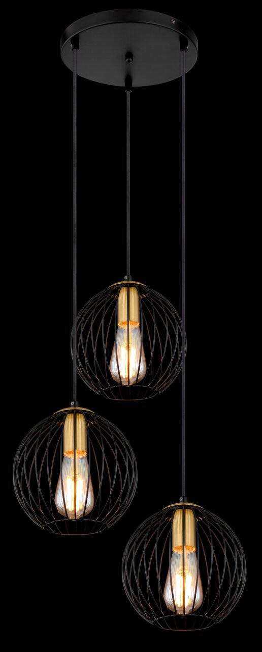 Moderne Hängeleuchte mit drei schwarzen, kugelförmigen Drahtschirmen und sichtbaren Glühbirnen, Ansicht von unten.