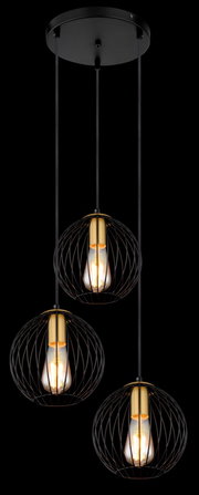 Moderne Hängeleuchte mit drei schwarzen, kugelförmigen Drahtschirmen und sichtbaren Glühbirnen, Ansicht von unten.