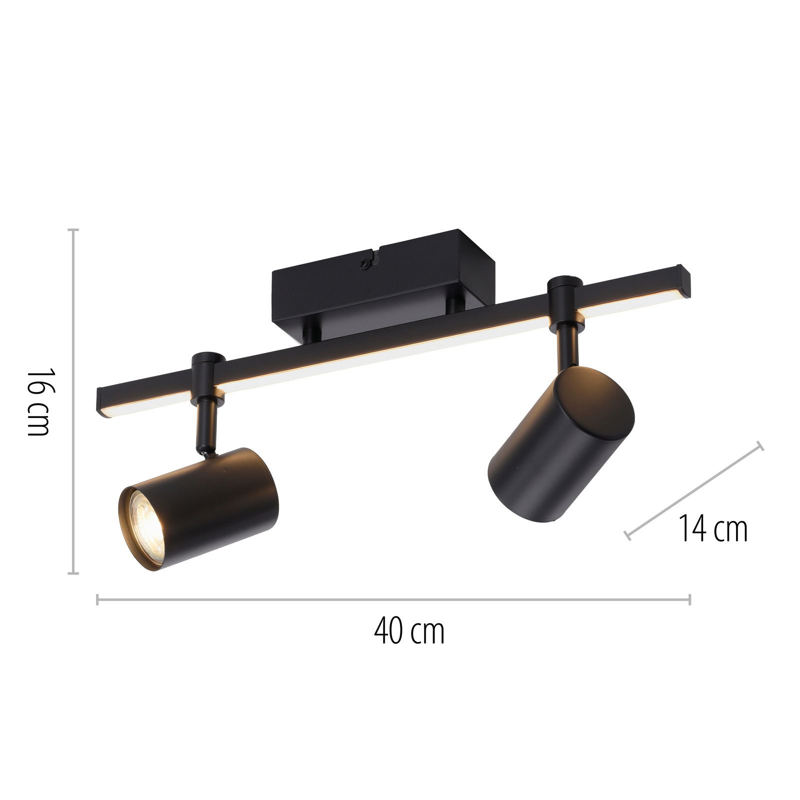 Schwarze Wand- und Deckenleuchte mit zwei verstellbaren Strahlern, seitliche Perspektive