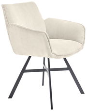 Beiger Armlehnstuhl mit geripptem Stoffbezug und schwarzem Metallgestell, seitliche Perspektive