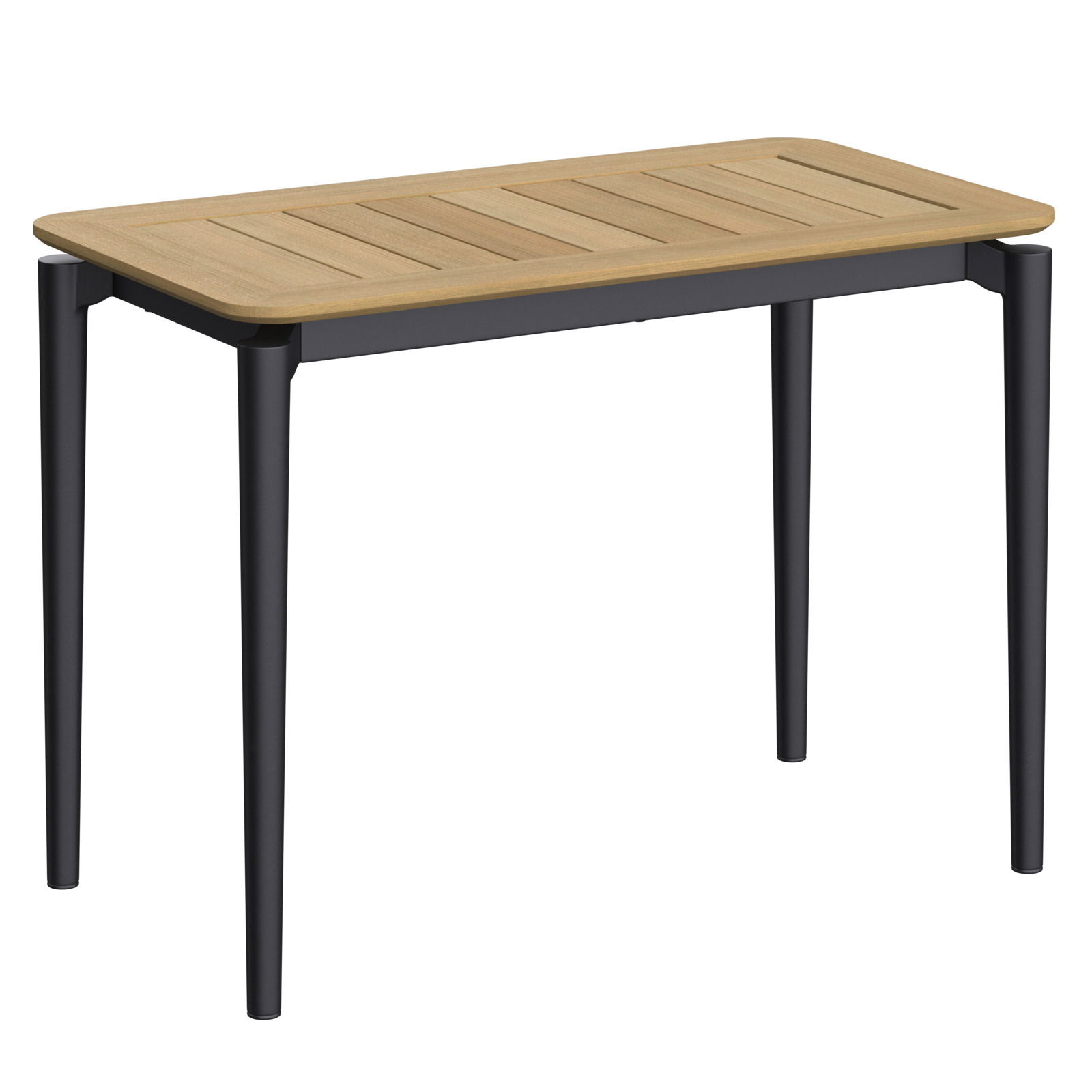 Moderner Beistelltisch mit Holzplatte und schwarzen Metallbeinen, seitliche Perspektive