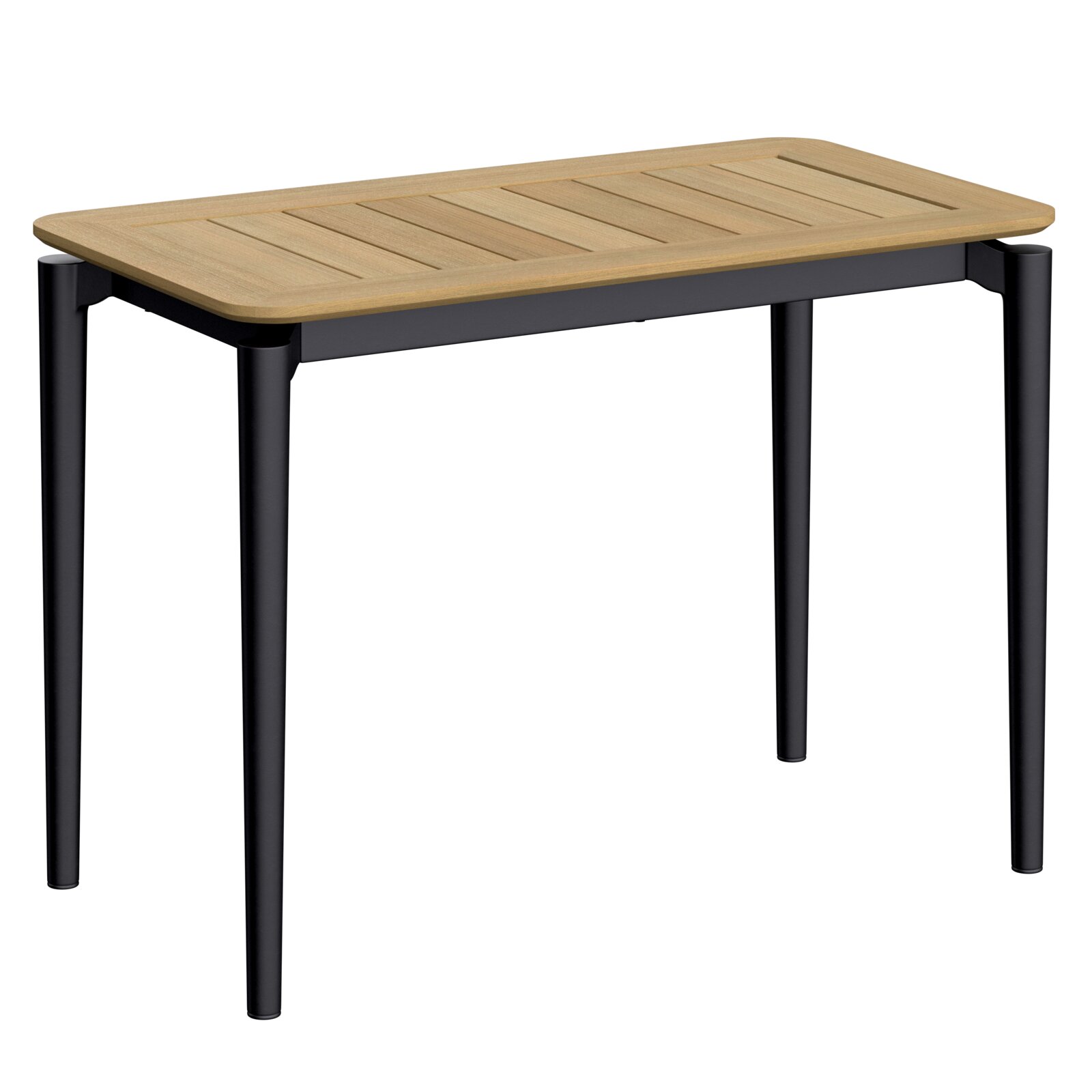 Moderner Beistelltisch mit Holzplatte und schwarzen Metallbeinen, seitliche Perspektive