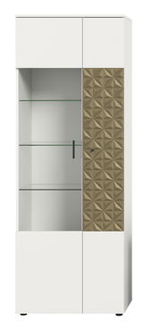 Moderne Vitrine mit weißem Korpus und dekorativer, geometrisch gemusterter Tür in Frontalansicht