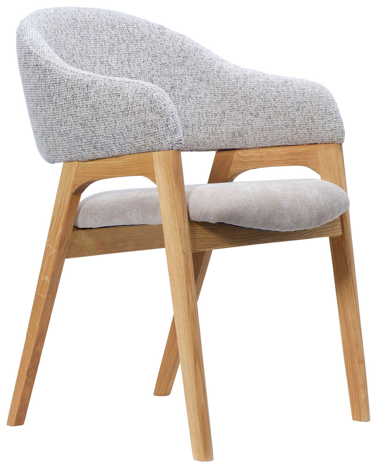 Moderner Armlehnstuhl mit hellgrauem Stoffbezug und Holzgestell, seitliche Perspektive