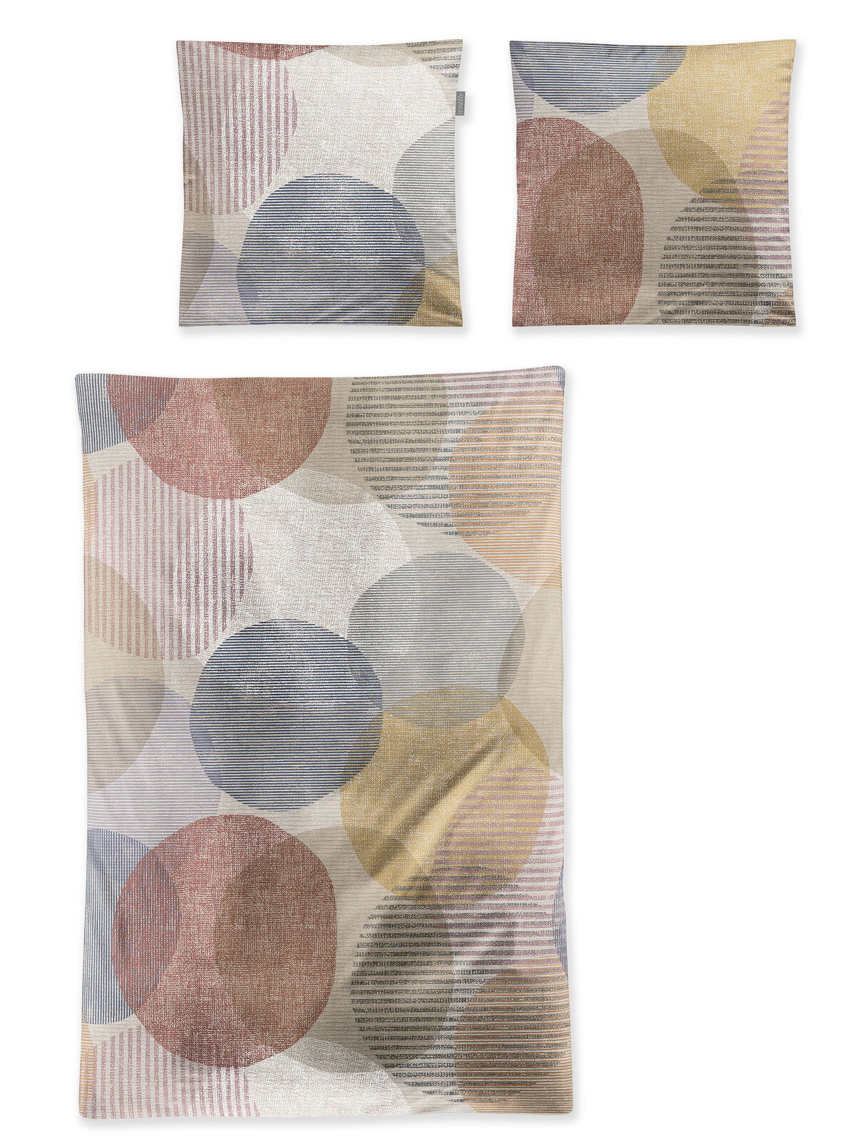 Bettwäsche-Set aus Flausch-Cotton mit buntem Kreis- und Streifenmuster, bestehend aus einem Bettbezug und zwei Kissenbezügen, aus der Vogelperspektive fotografiert.