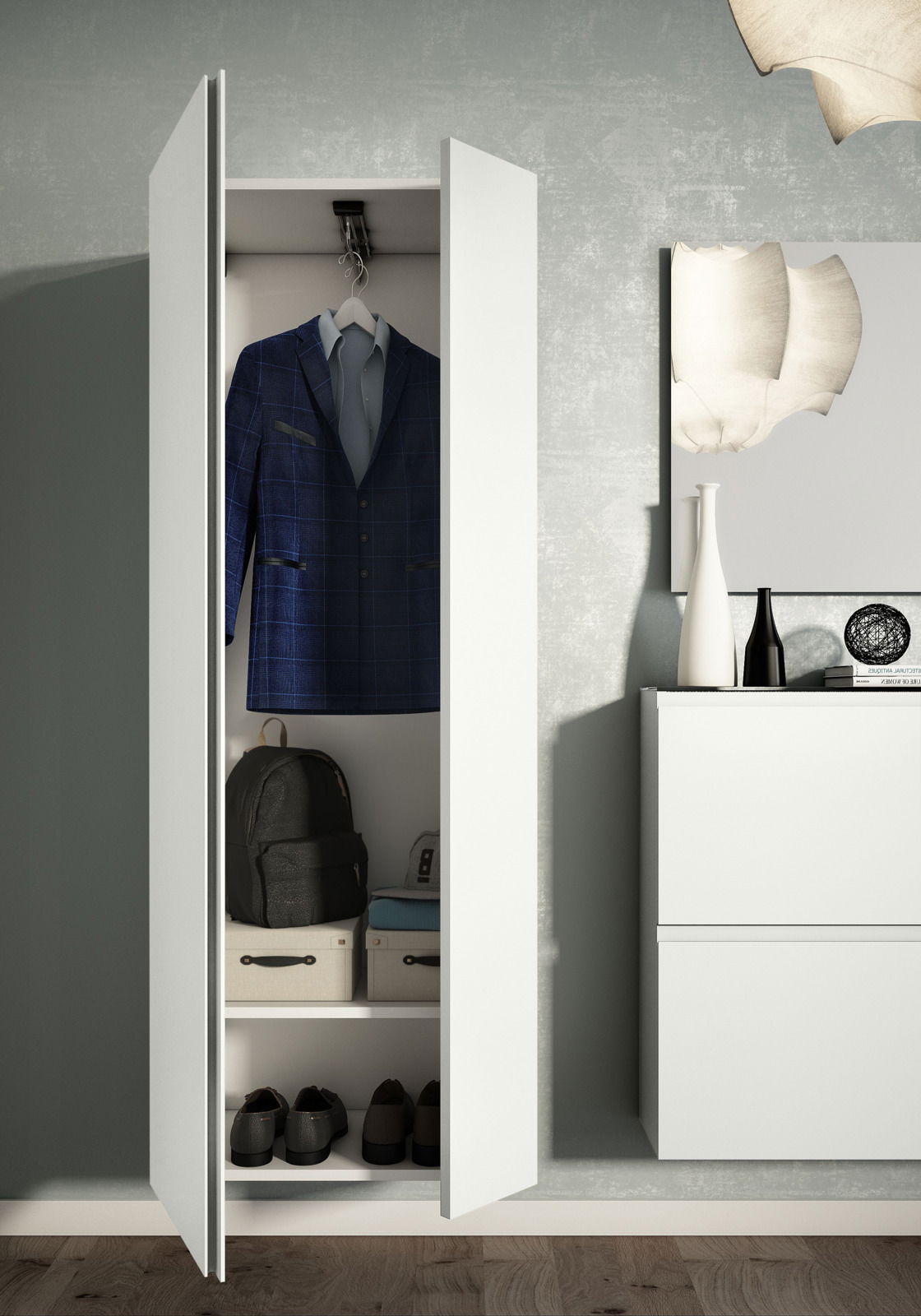 Moderner weißer Hänge-Garderobenschrank mit zwei Türen, geöffnet, zeigt einen Anzug, Schuhe und Aufbewahrungsboxen, aus frontaler Perspektive.