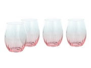 Vier bauchige, stielose Trinkgläser aus transparentem Glas mit zartem Farbverlauf von klar zu rosé und strukturierter Oberfläche, freigestellt auf weißem Hintergrund, Frontansicht.